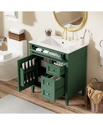 Lovmor 30inch Bathroom Vanity with Top Sink Modern Bathroom Storage Cabinet with 2 Drawers and a Tip out Drawer Single Sink Bathroom Vanity