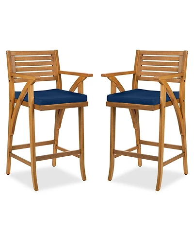 Best Choice Products Set of 2 Outdoor Acacia Wood Bar Stools Bar Chairs w/ Weather-Resistant Cushions