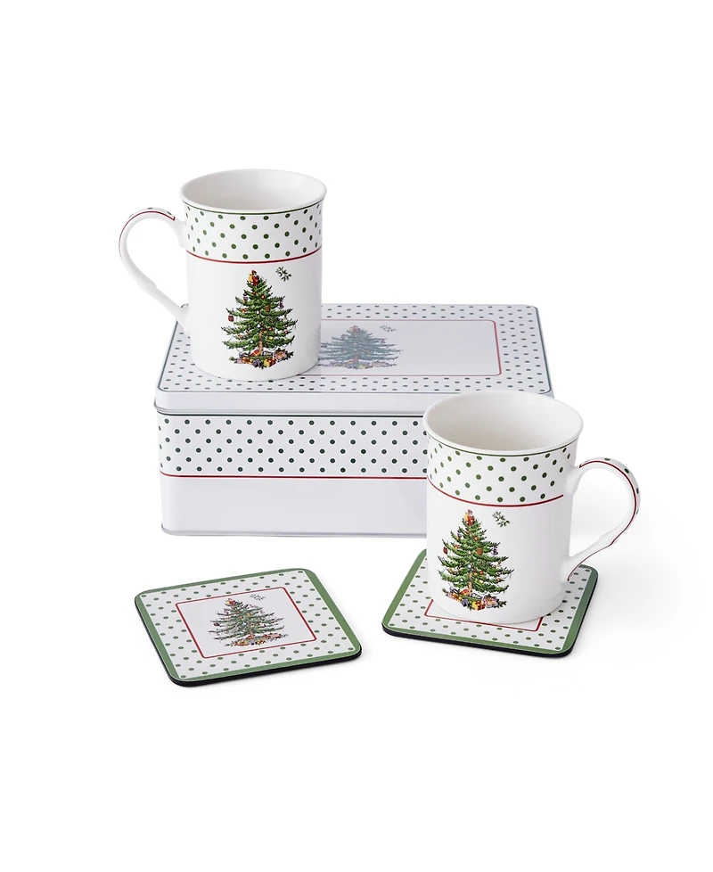 Spode Christmas Tree Polka Dot 5-Pc. Mug and Tin Coaster Set