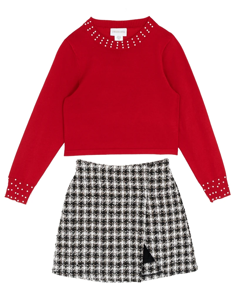 Rare Editions Girls 7-12 2-Piece Embellished Sweater and Plaid Skort Set