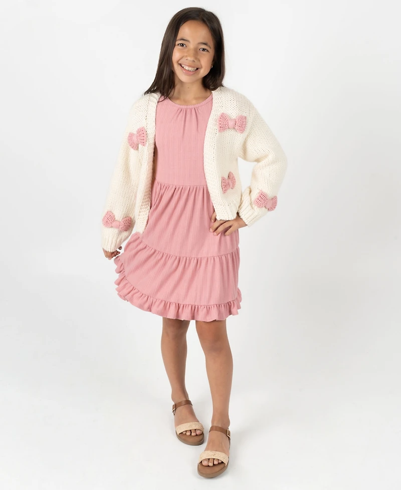 Rare Editions Big Girls 7-16 2-Piece Tiered Dress and Bow Detail Cardigan Set