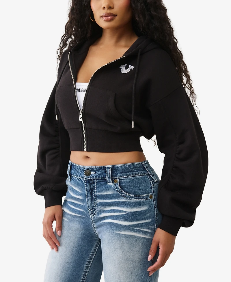 True Religion Women's Buddha Ruched Sleeve Zip Hoodie