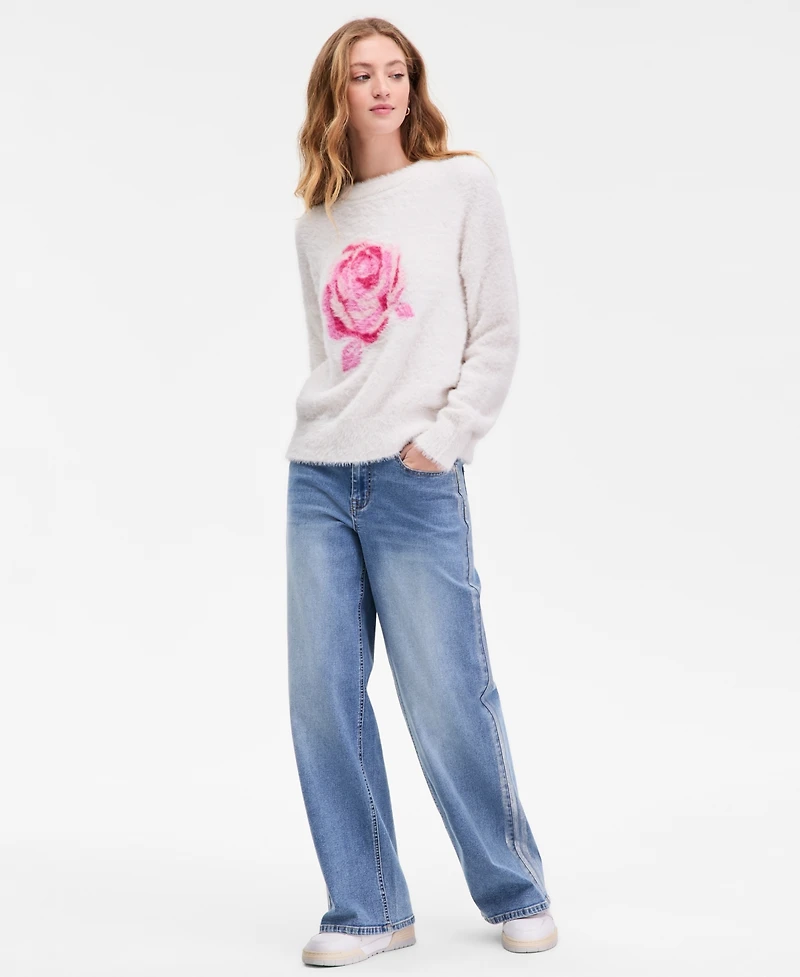 Hooked Up by Iot Juniors' Rose-Print Eyelash-Texture Sweater