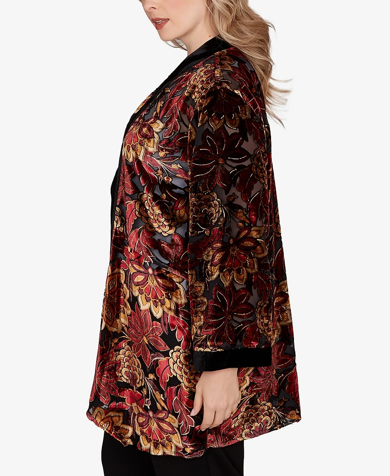 Ruby Rd. Plus Printed Velvet Burnout Open Cardigan Jacket