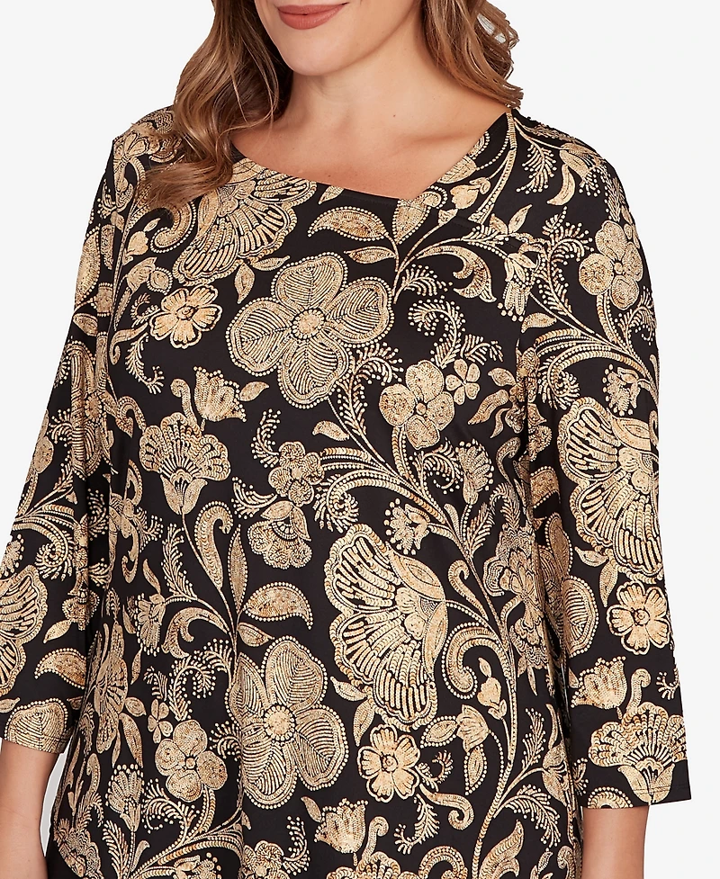 Ruby Rd. Plus Gold Foil Floral Printed Knit Top