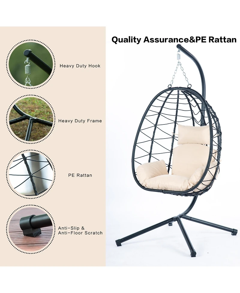 37 Inch Wicker Egg Chair with Stand and Removable Cushion for Indoor and Outdoor Use