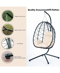 37 Inch Wicker Egg Chair with Stand and Removable Cushion for Indoor and Outdoor Use