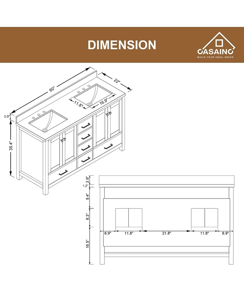 Casainc 60-Inch Solid Wood Bathroom Vanity with Matching Top and Ceramic Basin