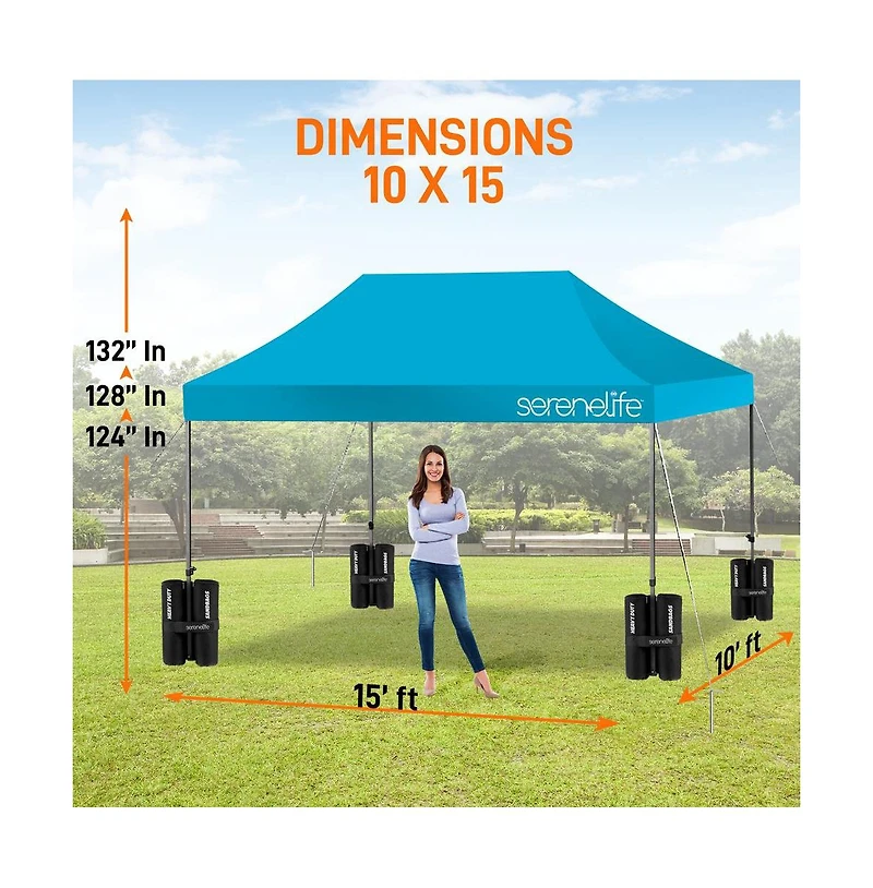 SereneLife 10x15 Pop Commercial Instant Shelter Waterproof Polyester Tent Sky Blue with Portable Wheeled Carry Sand Bag