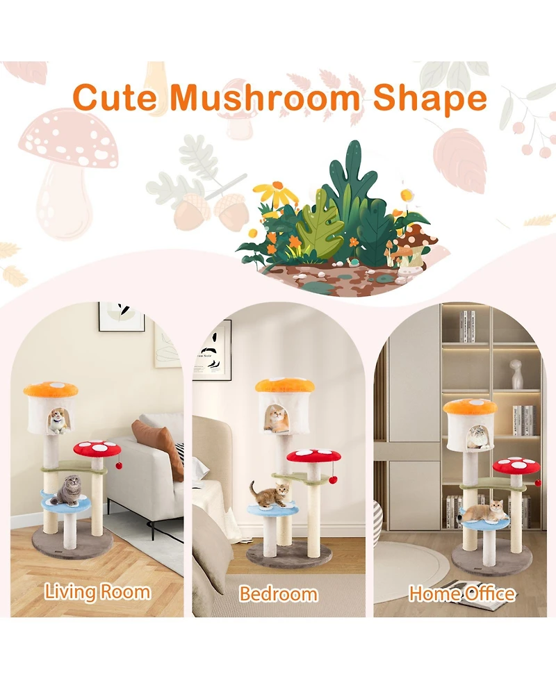 Gymax Cute Mushroom Cat Tree 48'' Tall Cat Tower w/ Sisal Scratching Posts Top Condo