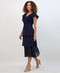 kensie Women's Tiered Lace Midi Dress