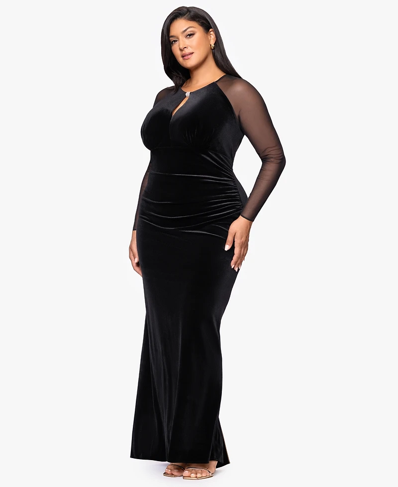B&A By Betsy and Adam Plus Velvet Mesh Ballgown