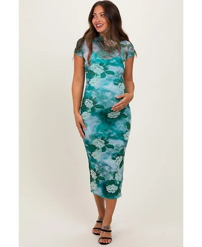 Pinkblush Maternity Green Floral Mesh Overlay Fitted Maxi Dress