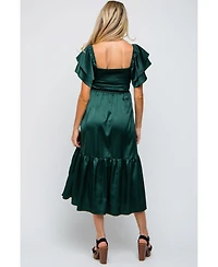 Pinkblush Maternity Forest Green Satin Flutter Sleeve Midi Dress