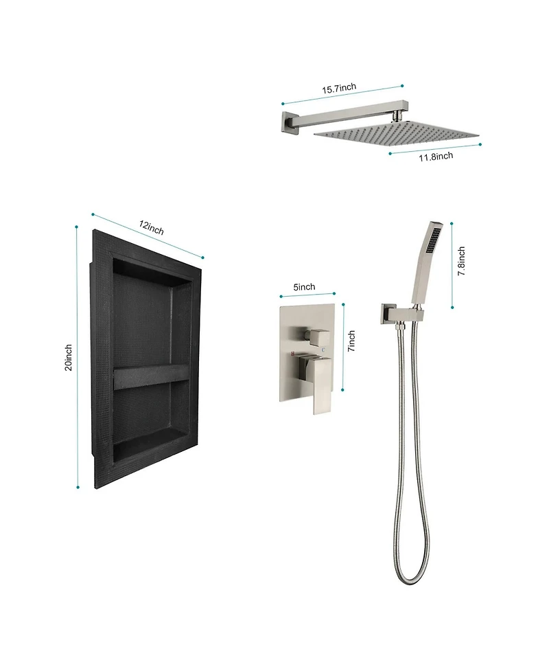 Rainsken Shower System with Rain Shower Head, Hand Shower Head, Water Control Valve, Shower Bracket, Hose and Niche