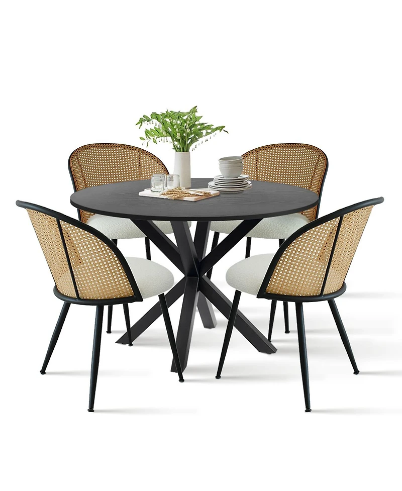 5-Piece Dining Table Set with 39.5 Inch Round and 4 Rattan-Inspired Chairs, Compact Kitchen Furniture–Maison Boucle