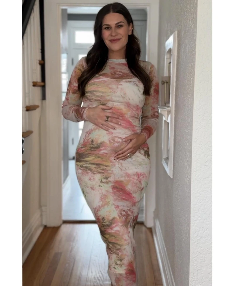 Pinkblush Maternity Pink Abstract Printed Mesh Overlay Maxi Dress