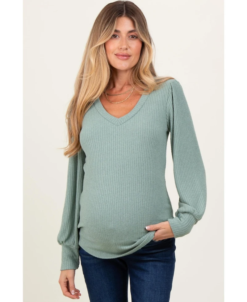 Pinkblush Maternity Light Olive Ribbed Knit V-Neck Button Cuff Top