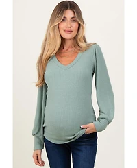 Pinkblush Maternity Light Olive Ribbed Knit V-Neck Button Cuff Top