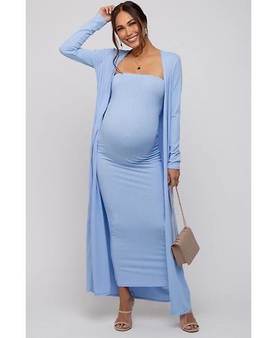 Pinkblush Maternity Light Blue Ribbed Sleeveless Dress Cardigan Set