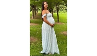 Pinkblush Maternity Light Blue Floral Chiffon Sweetheart Neck Off Shoulder Maxi Dress