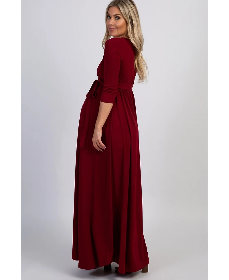 PinkBlush Burgundy Draped 3/4 Sleeve Maternity Maxi Dress