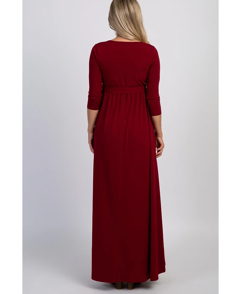 PinkBlush Burgundy Draped 3/4 Sleeve Maternity Maxi Dress