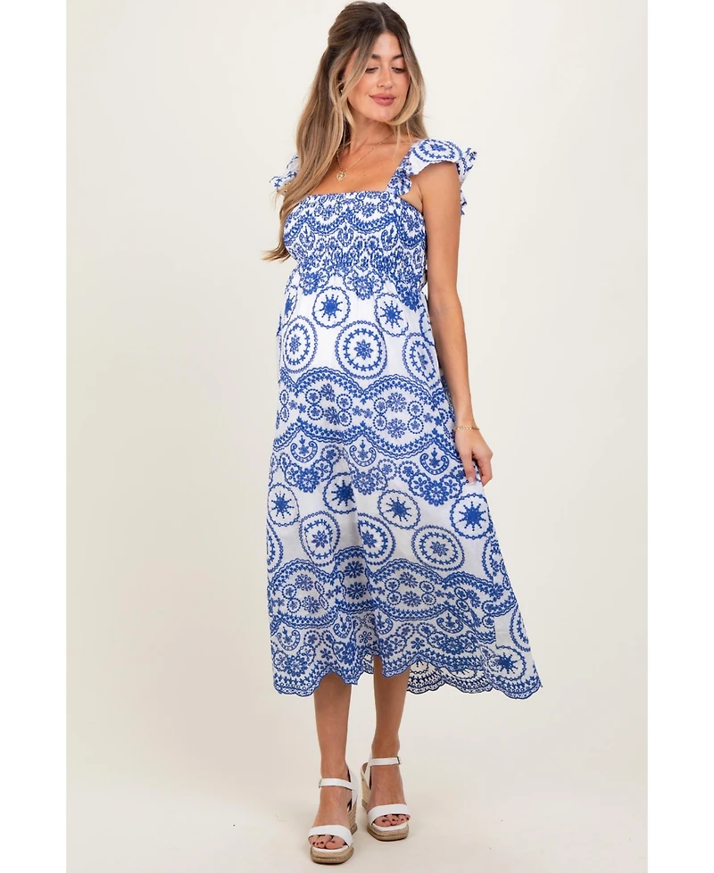 Pinkblush Maternity Light Navy Embroidered Smocked Cutout Midi Dress