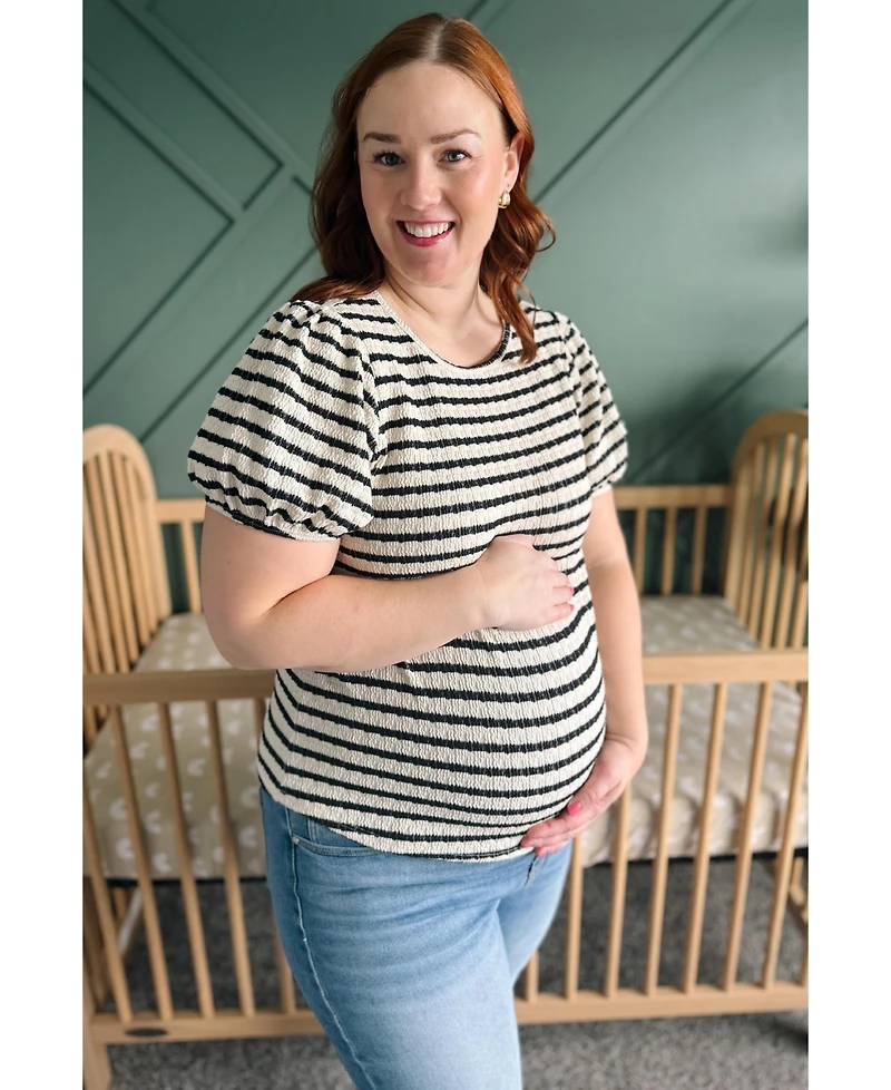 Pinkblush Maternity Light Blue Striped Textured Puff Sleeve Top