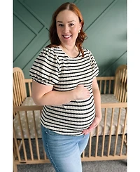 Pinkblush Maternity Light Blue Striped Textured Puff Sleeve Top