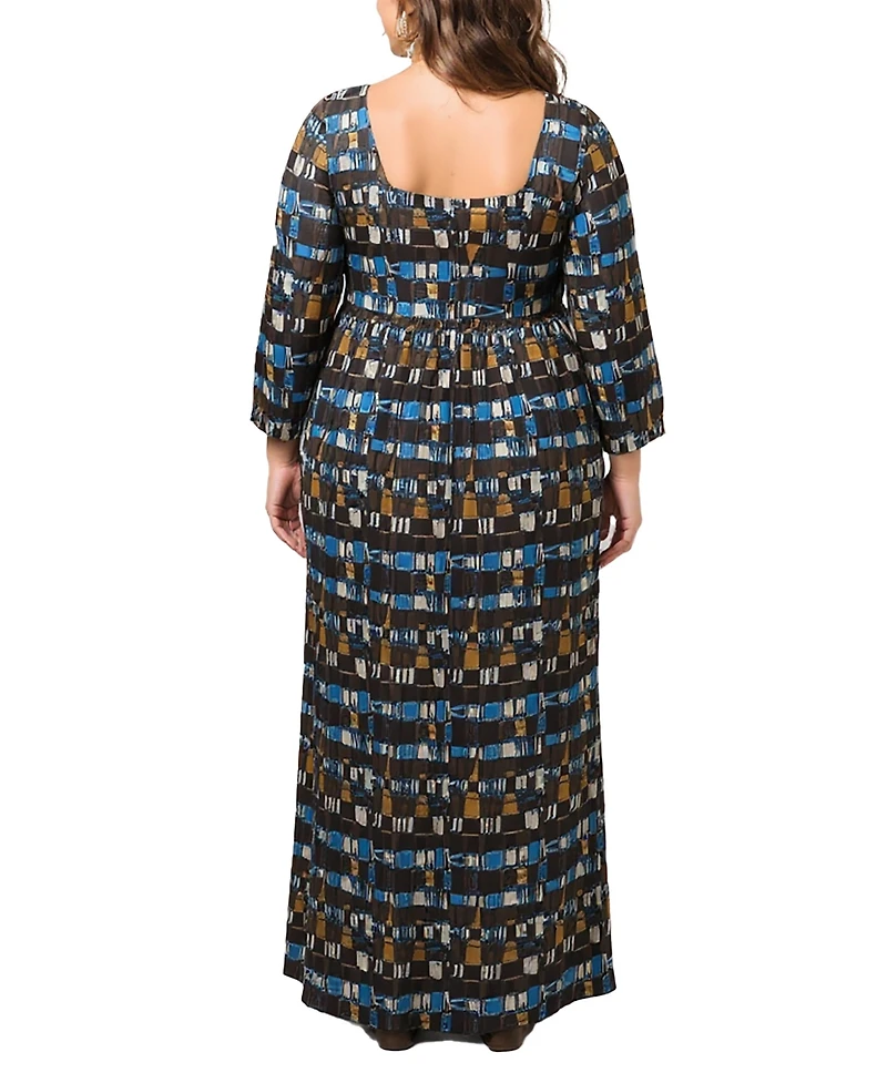 24seven Comfort Apparel Plus Brown Geometric Print 3/4 Sleeve Dress