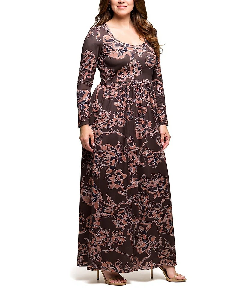 24seven Comfort Apparel Plus Blush Floral Long Sleeve Maxi Dress