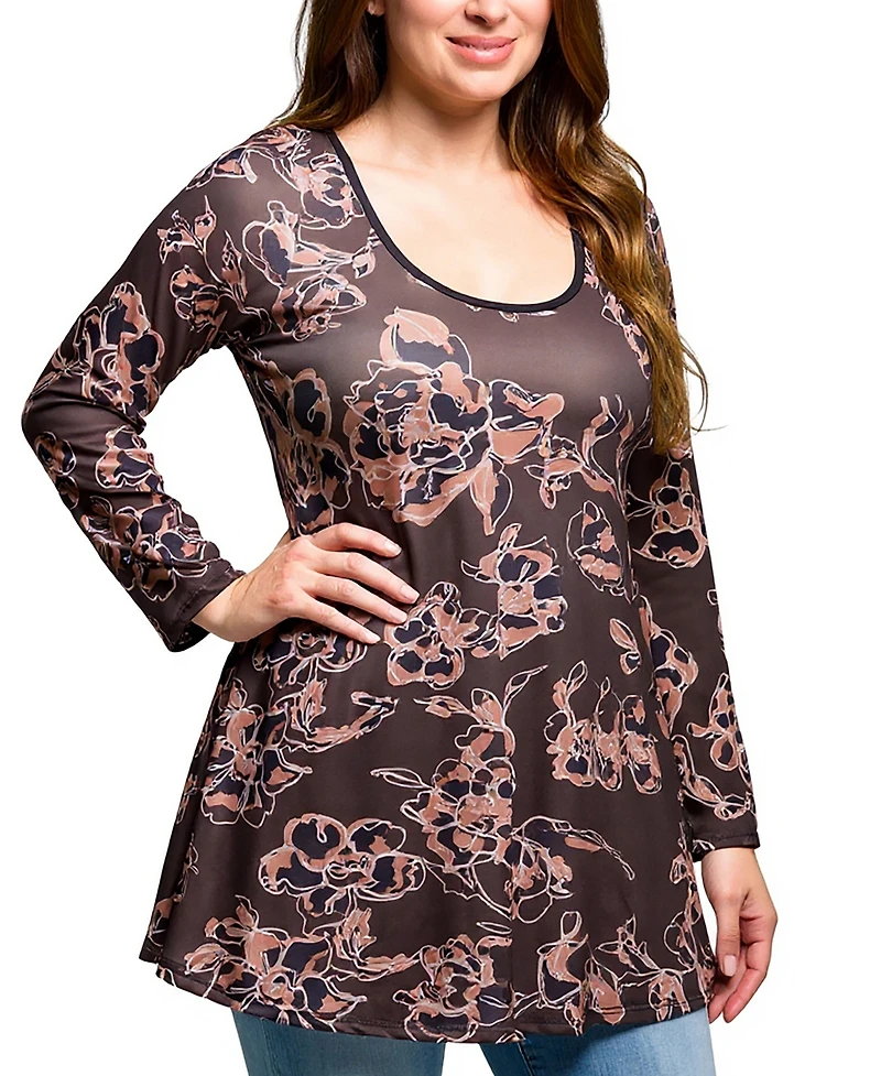 24seven Comfort Apparel Plus Brown Floral Print Long Sleeve Tunic Top
