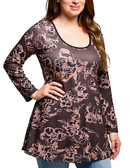 24seven Comfort Apparel Plus Brown Floral Print Long Sleeve Tunic Top