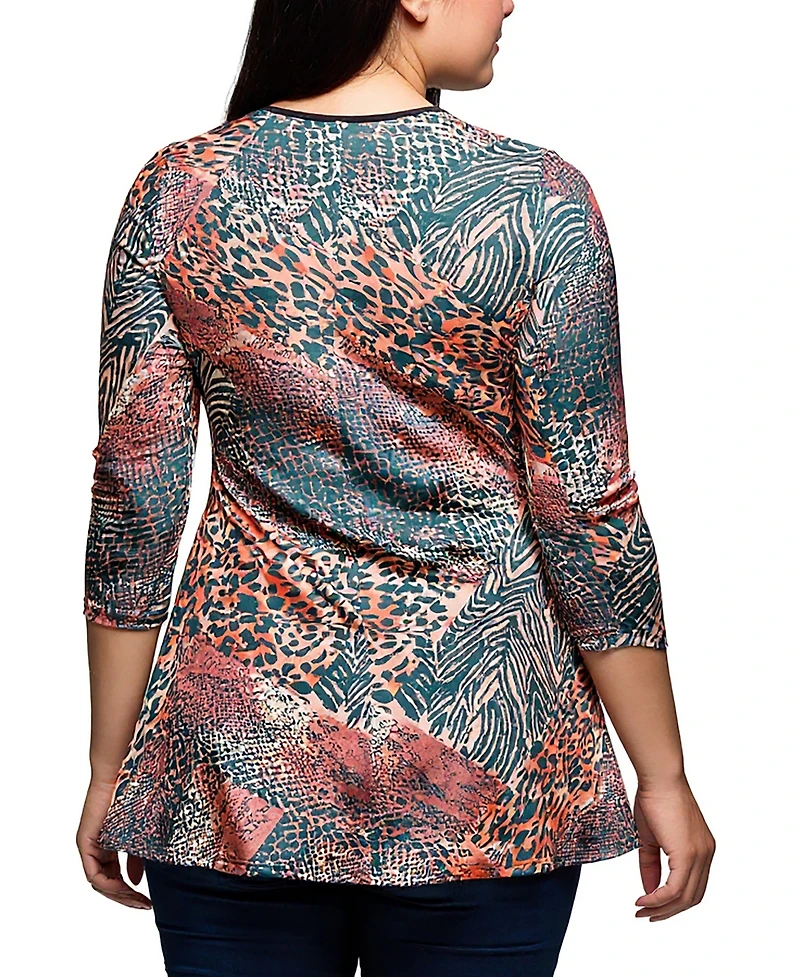 24seven Comfort Apparel Plus Animal Print V Neck Three Quarter Sleeve Tunic Top