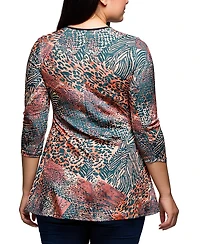 24seven Comfort Apparel Plus Animal Print V Neck Three Quarter Sleeve Tunic Top