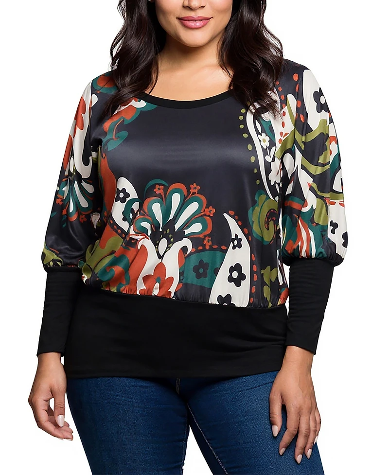 24seven Comfort Apparel Plus Paisley Multicolor Print Dolman Sleeve Banded Top