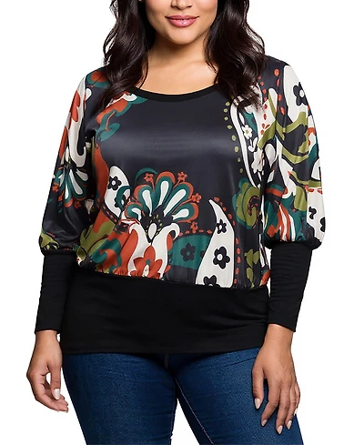 24seven Comfort Apparel Plus Paisley Multicolor Print Dolman Sleeve Banded Top