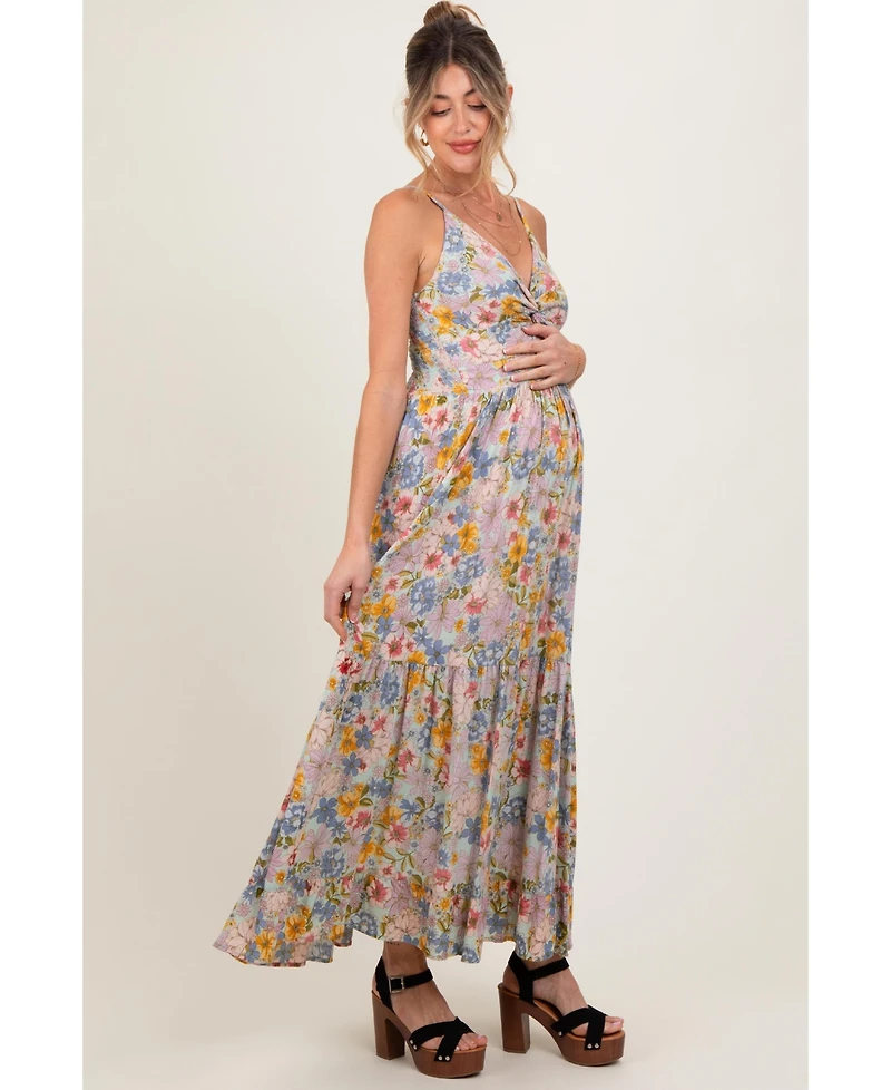 Pinkblush Maternity Mint Green Floral Twist Front Cutout Maxi Dress