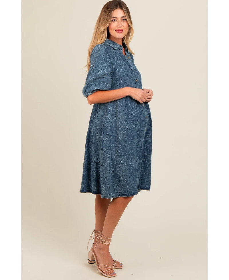 Pinkblush Maternity Blue Denim Button Front Short Puff Sleeve Dress