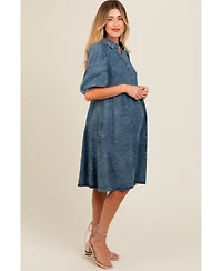 Pinkblush Maternity Blue Denim Button Front Short Puff Sleeve Dress