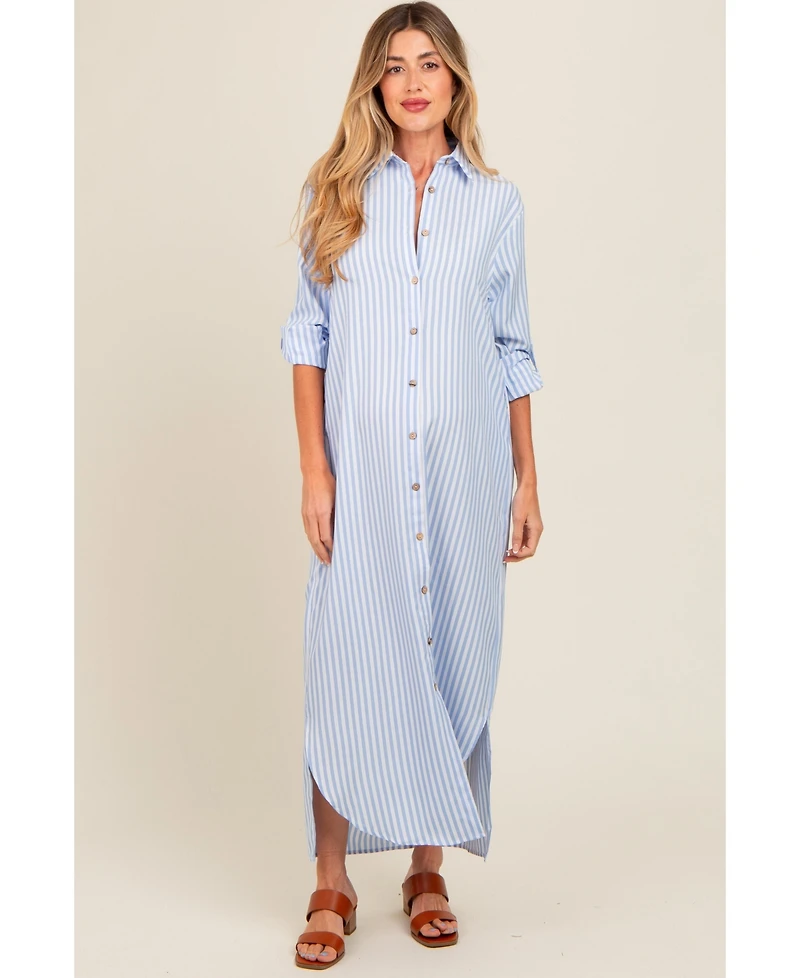 Pinkblush Maternity Light Blue Striped Button Down Maxi Dress
