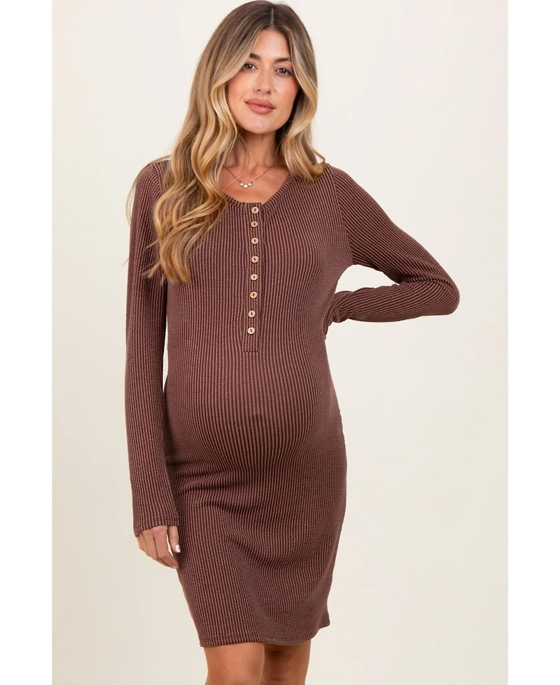 Pinkblush Maternity Brown Ribbed Long Sleeve Half Button Up Fitted Dress