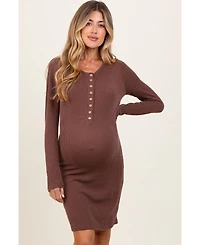Pinkblush Maternity Brown Ribbed Long Sleeve Half Button Up Fitted Dress