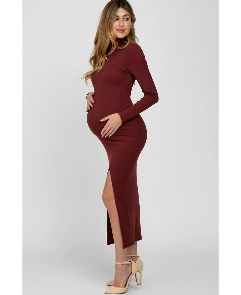 Pinkblush Maternity Burgundy Ribbed Mock Neck Side Slit Maxi Dress
