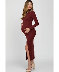 Pinkblush Maternity Burgundy Ribbed Mock Neck Side Slit Maxi Dress