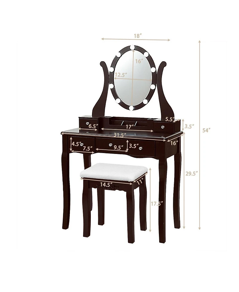 10 Dimmable Lights Vanity Table Set with Lighted Mirror and Cushioned Stool