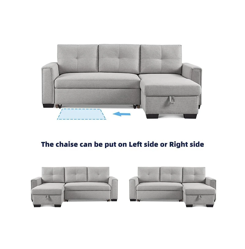 Os Home and Office Furniture Tufted Sectional Chaise Sofa Sleeper with Storage in Light Grey