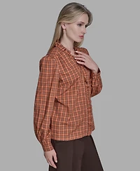 Bcbg Women's Plaid Button Placket V-Neck Top