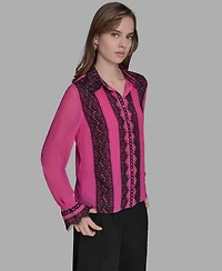Bcbg Women's Long Sleeve Contrast Lace Top